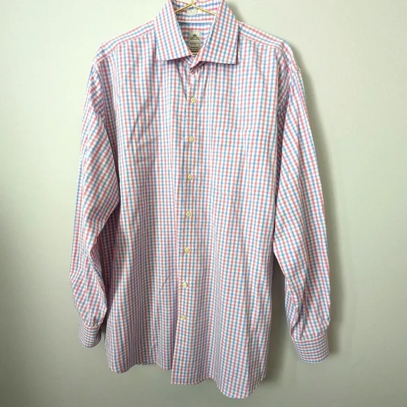 peter millar nanoluxe dress shirt Peter Millar Nanoluxe L/S Button Down Shirt Size 17.5 XLong Pastel Check EUC